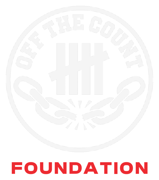Off The Count Foundation logo: tally marks above a broken chain inside a circular seal